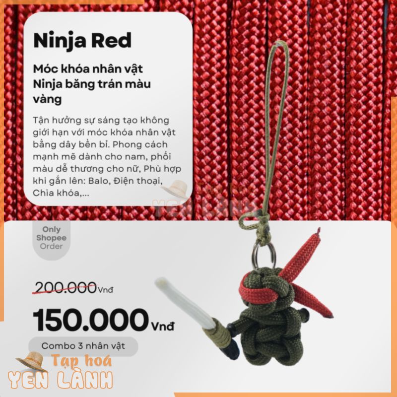 Móc Khóa Ninja Vòng Tay Paracord Màu, Đỏ, Xanh Dương, Vàng, Dùng để gắn Điện thoại, Chìa khóa, Balo