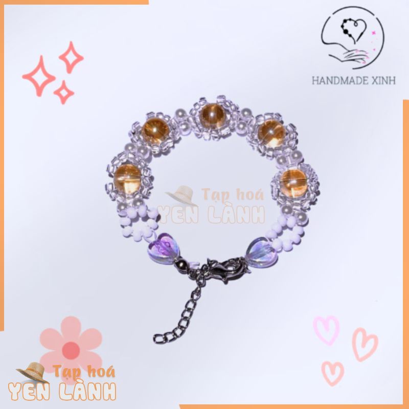 Vòng tay Handmade tự làm hình bông hoa chủ đạo chất liệu cước co dãn và thép không gỉ charm xinh đẹp